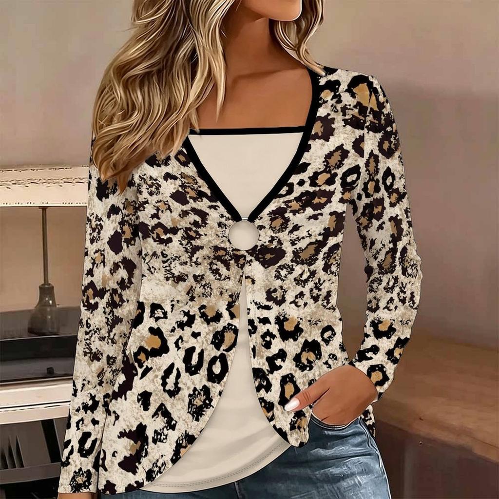 Tops for Women Leopard Print Long Sleeve Fake Two‑Piece Top Fall Casual Slim Pullover Women's Long Sleeve Top