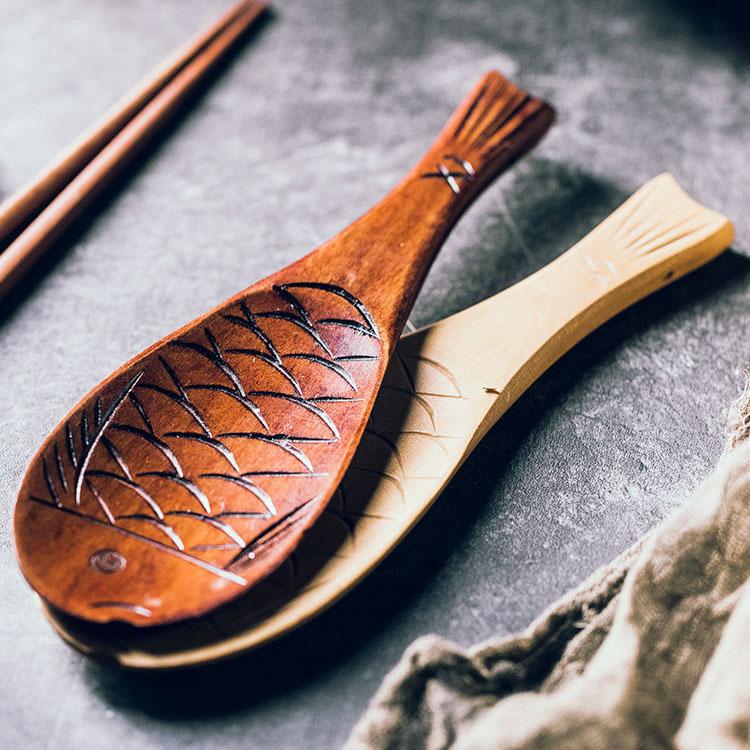 Japanese Style Wooden Rice Spoon for Serving Non Sticky Rice, High-end Solid Wood Rice Shovel for Household Kitchen, Fish Shaped Boutique Wooden Spoon