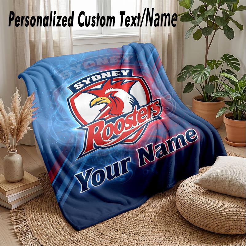 Sydney Roosters Custom Flannel Throw Blanket Print Your Name Text Soft Warm Blanket Holiday Present