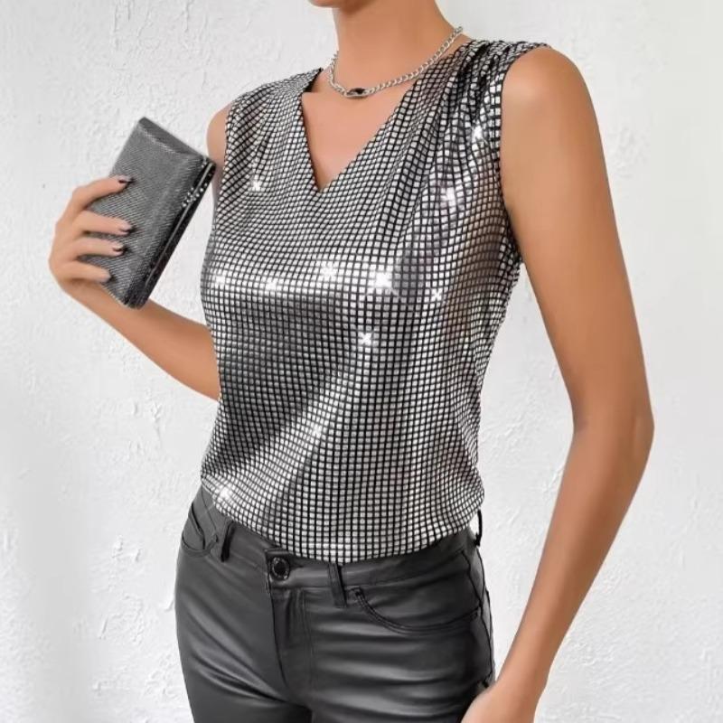 Summer new silver V-neck vest women's casual breathable sleeveless top