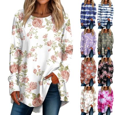 Women's Casual Plus Size Long Sleeved Round Neck Printed T-shirt Top Pullover