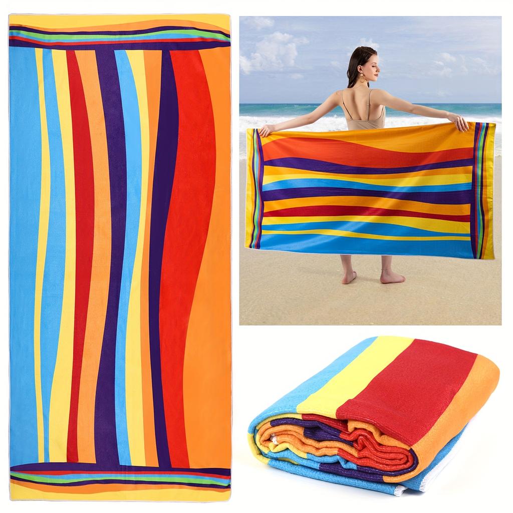 1pc Extra Large Striped Beach Towel - Ultra-Soft Microfiber, Quick-Dry & Sand-Free, Vibrant Tropical Stripes for Travel, Yoga,