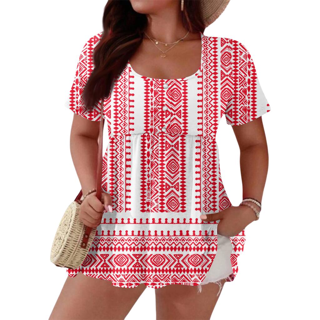 Women's Fashionable Casual Short Sleeve Loose Fit Button Front Printed Blouse