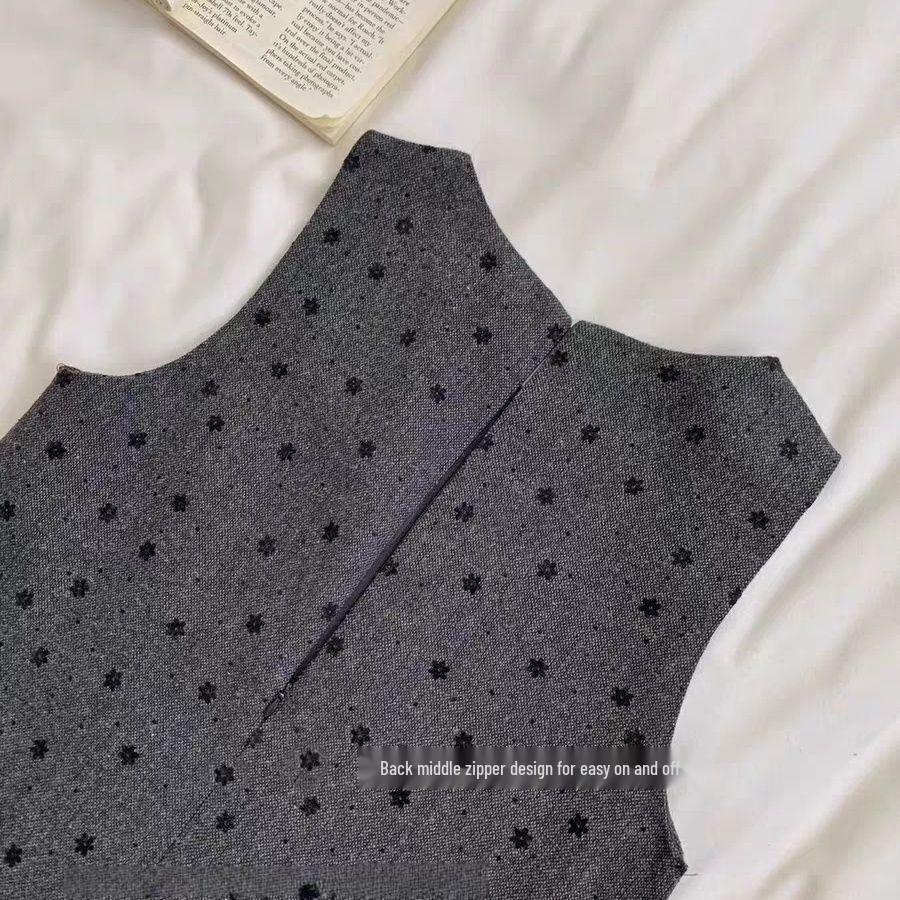 Gray Polka Dot Vest Dress - Women's Autumn/Winter Miu Style, Sleeveless with Bow and Layered Design