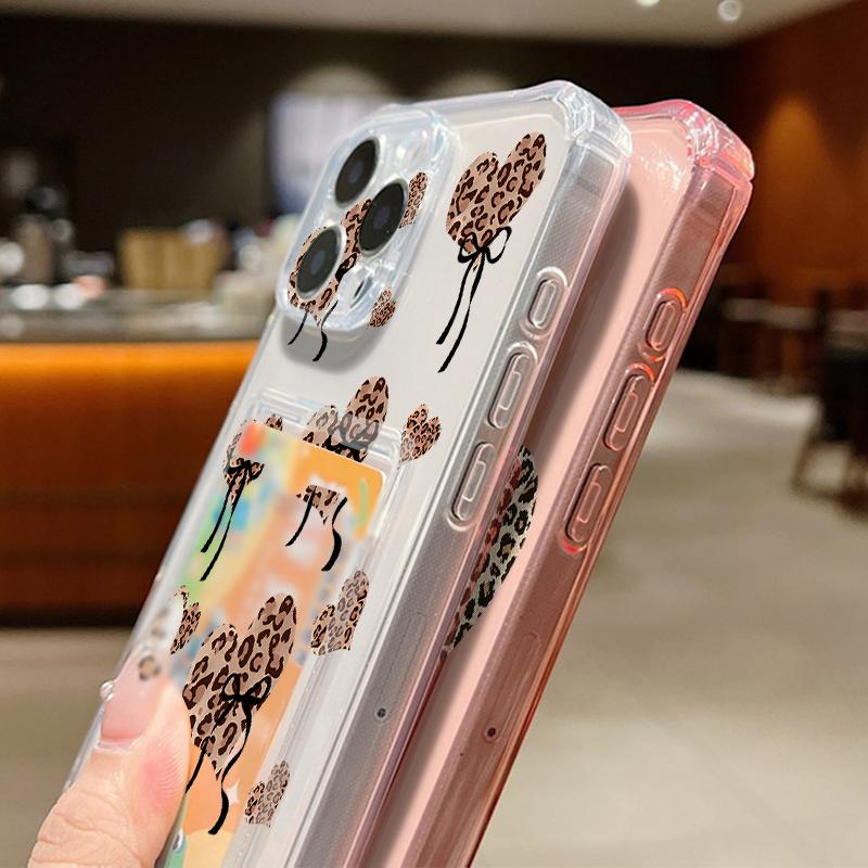 Card Slot Pocket TPU Case For iPhone 17 Pro Air 16e 16 15 14 13 Pro Max 12 11 Leopard Print Love Heart Pattern Soft Phone Cover