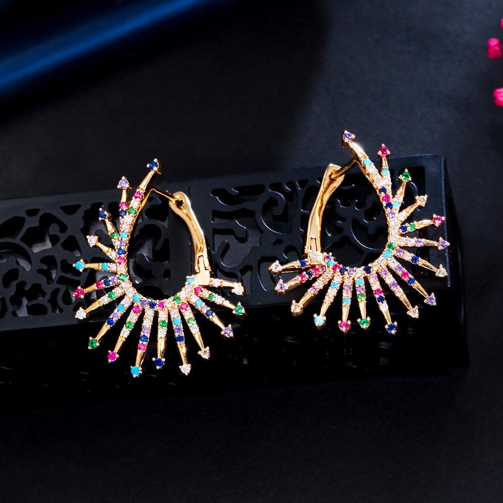 Unique Design Blossom Firework Colorful Cubic Zirconia Big Hoop Earrings for Women Fashion 18k Gold Plated Copper Punk Jewelry