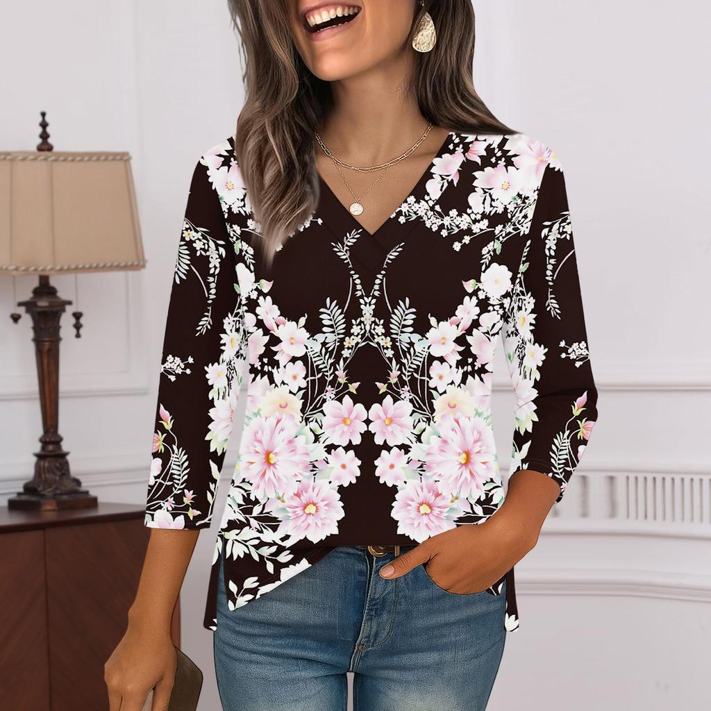 Kadınlar İçin 3/4 Kol Gömlekler Baskılı Grafik Tişörtler Bluzlar Günlük Büyük Beden Temel Üstler Kazak