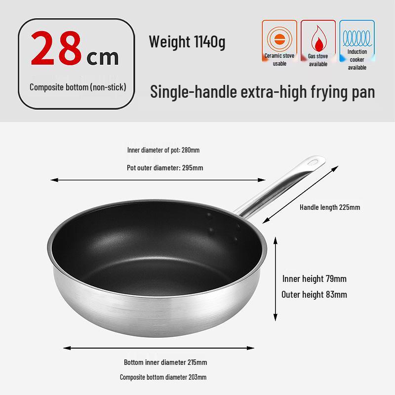 Non-Stick Stainless Steel Frying Pan with Composite Bottom for Eggs, Pancakes, and Steak - Single Handle, Induction Compatible.