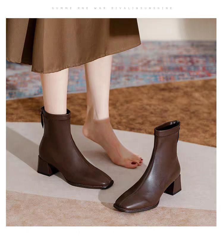 2025 new thick heel short boots women's French square head spring and autumn single boots fashion medium tube thin boots black high heel boots