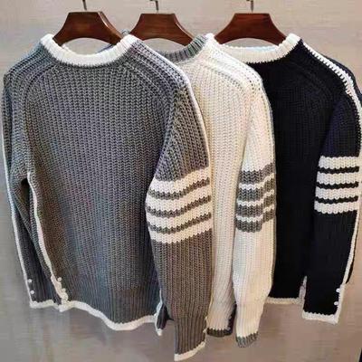 Men's Four-Bar Long-Sleeve Round Neck Sweater – Versatile Autumn/Winter Fashion Pullover