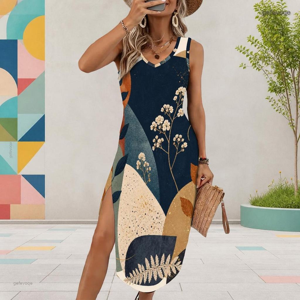 Women Plus Size U Neck Sleeveless Abstract Printed Blue White Tank Dress High Side Slit Curved Hem