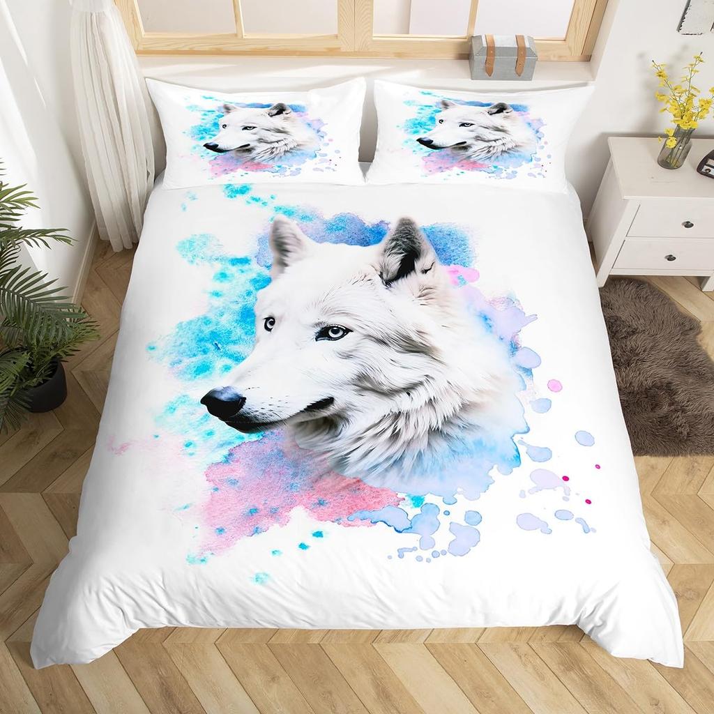 Kids Wolf Comforter Cover Full Queen Size Botanical Floral Bedding Set Wild Animal Duvet Cover Plant Flower Bedspread Cover