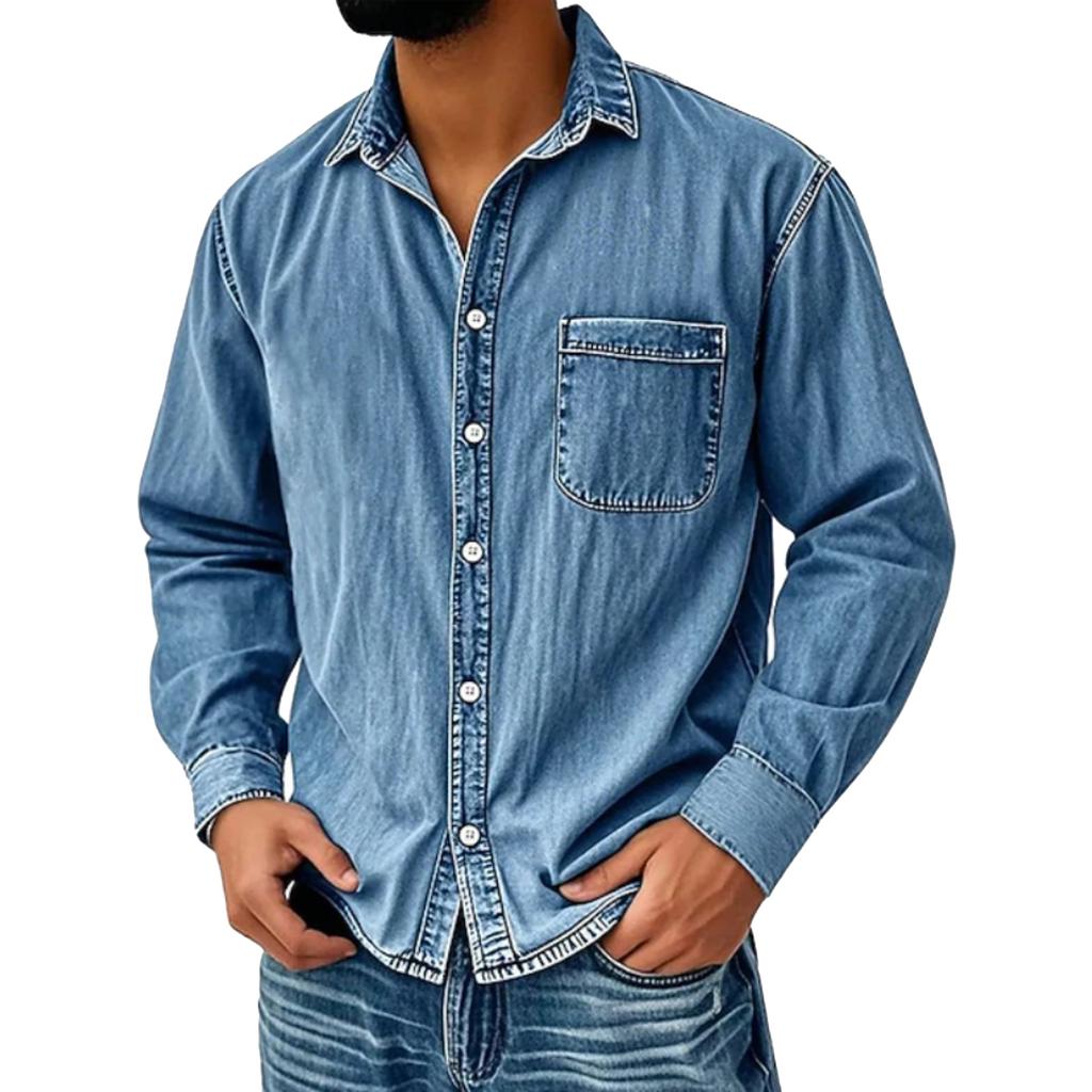 Men's Casual Solid Color Distressed Denim Shirt, Men's American Workwear, Retro Washed Long-sleeved Top