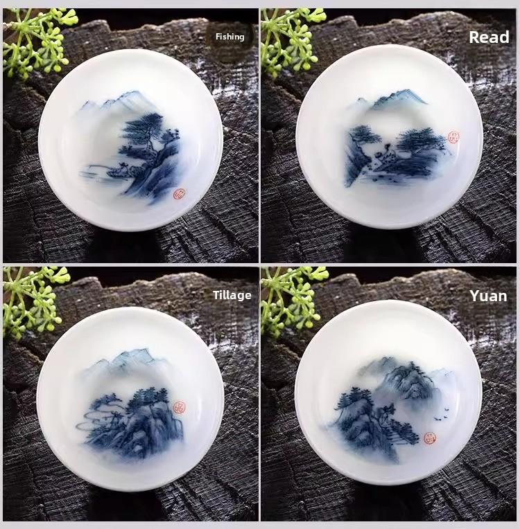 Blue and White Porcelain Tea Cups Set - Hand-Painted Landscape 4-Piece 40ml, Gongfu Chinese Tea Tasting Cups, Fine China