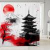 Japanese Style Shower Curtain,Traditional Building Black Hand Draw Bathroom Curtain,Red Sun Trees Nature Mountain Waterproof