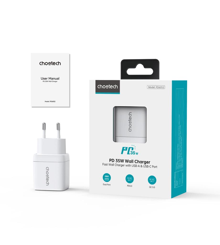 Ładowarka Sieciowa Choetech Pd6052 Usb-C Usb-A Pd 35W Gan Z Wyświetlaczem - Biała