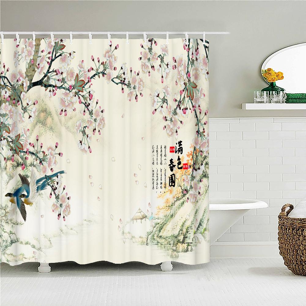 

Beautiful Plant Flower Bird Pattern Fabric Shower Curtain Waterproof Printing Bath Curtains For Bathroom Decor With 12 Hooks W60H190(CM)-1 Pcs
