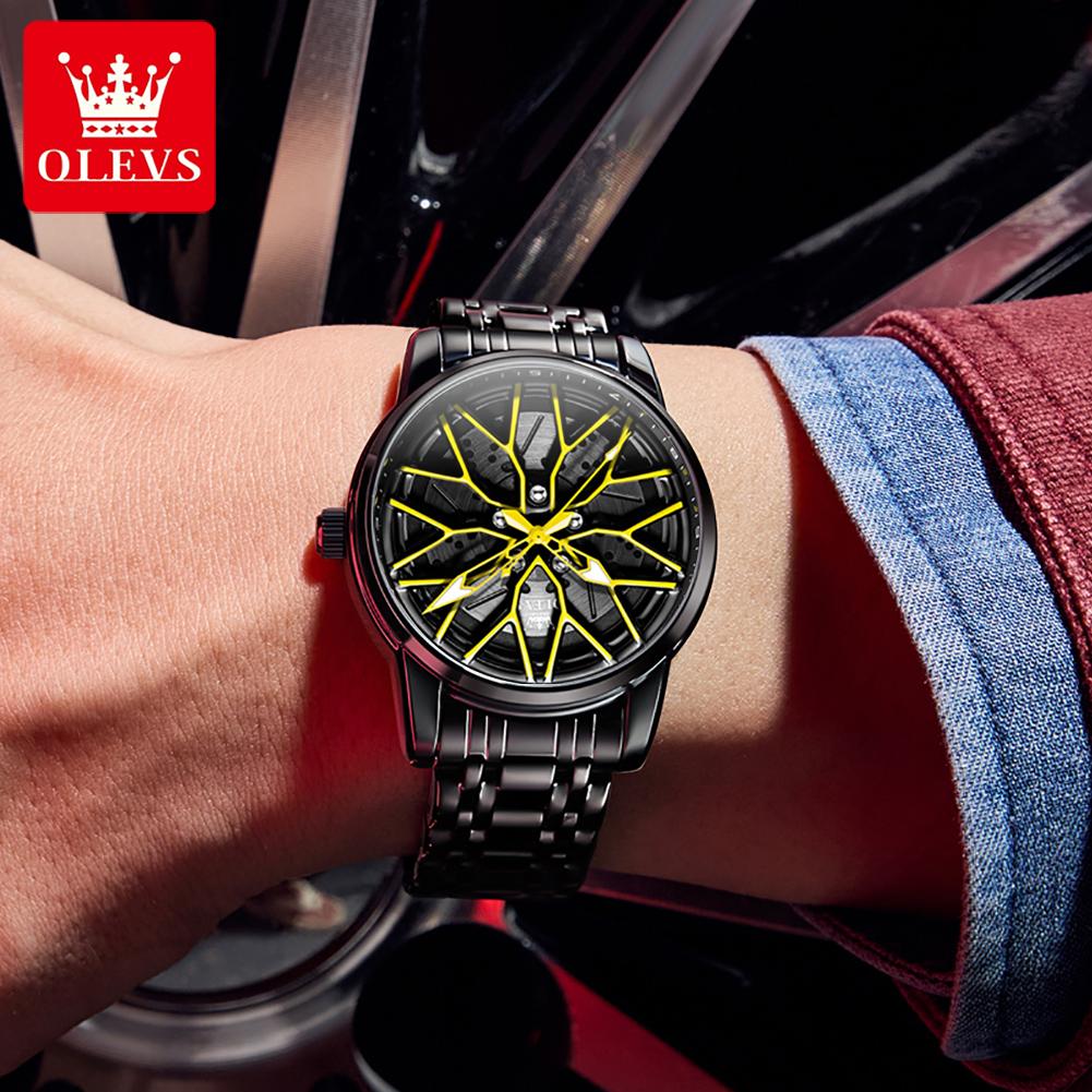 OLEVS Ceas de modă pentru bărbați Jantă roată butuc roată mașină sport Cadran rotativ 360° Ceasuri cu quartz Impermeabil Oțel inoxidabil Ceas de mână pentru bărbați