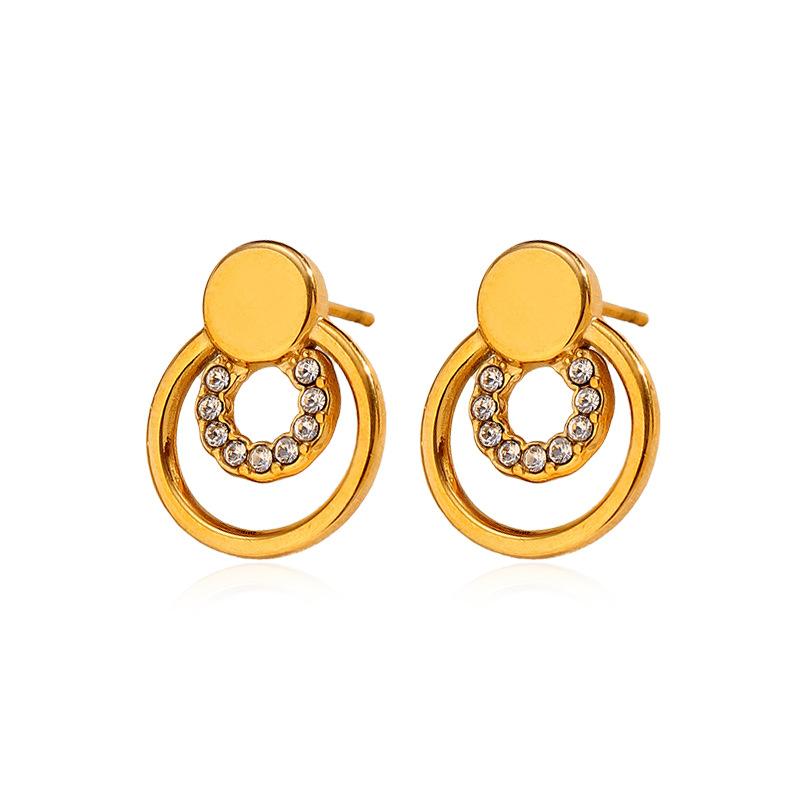 Gold titanium steel diamond-encrusted earrings, European and American light luxury high-end sense circle stainless steel studs, non-fading earrings
