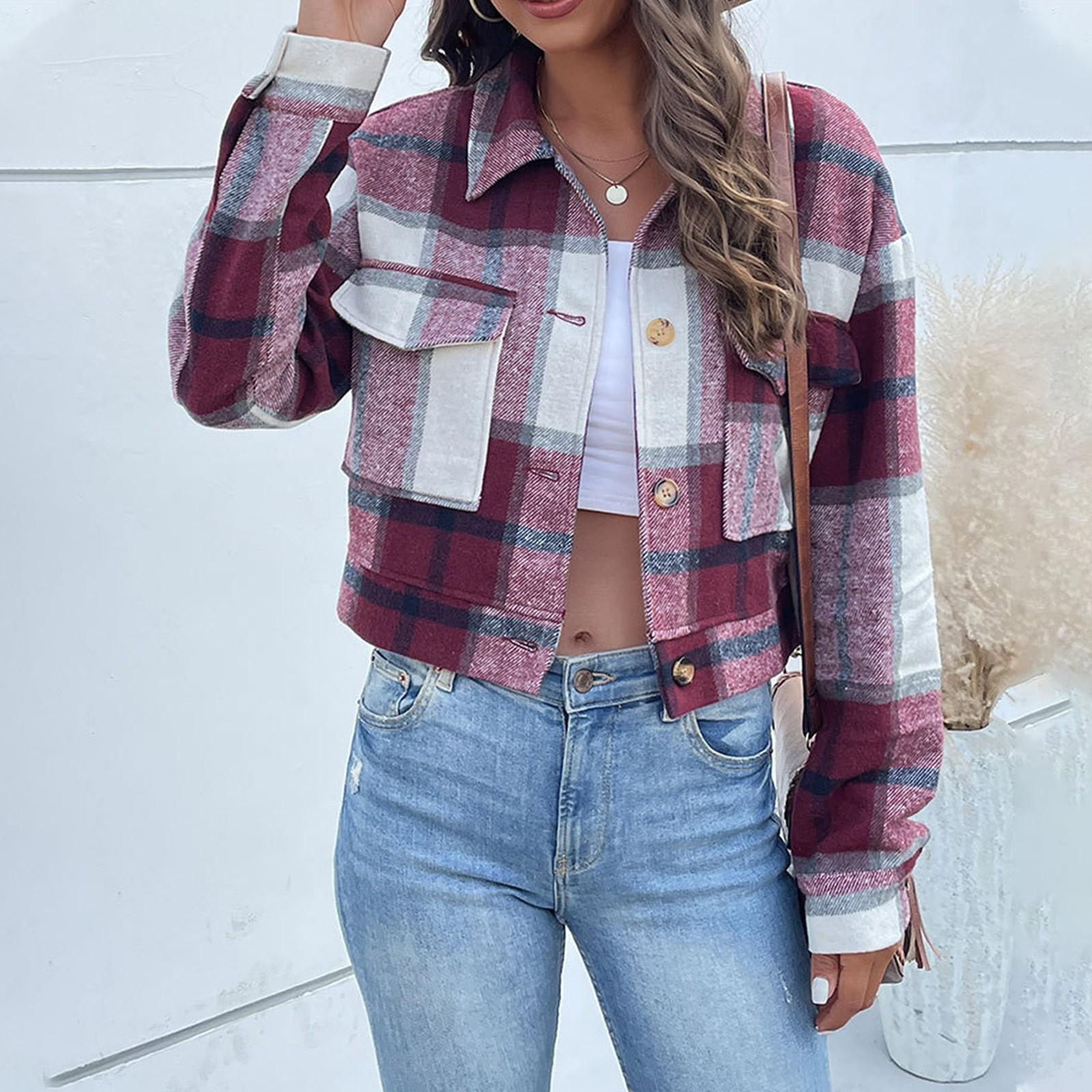 

Женская модная повседневная рубашка с лацканами и пуговицами, клетчатая куртка с длинными рукавами S винный