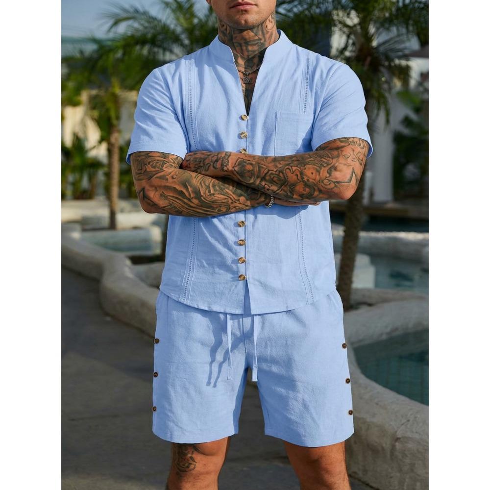 New Men’s Plain-coloured Vintage-style Casual Linen Short-sleeved Shirt and Shorts Set