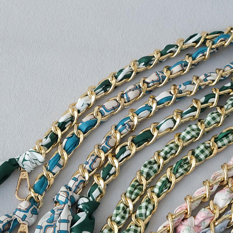 New Fashion Brand Woman Handbag Accessory Chains Detachable Floral Print Gold Silver Metal Silk Shoulder Strap Women DIY Chain Bag Handles