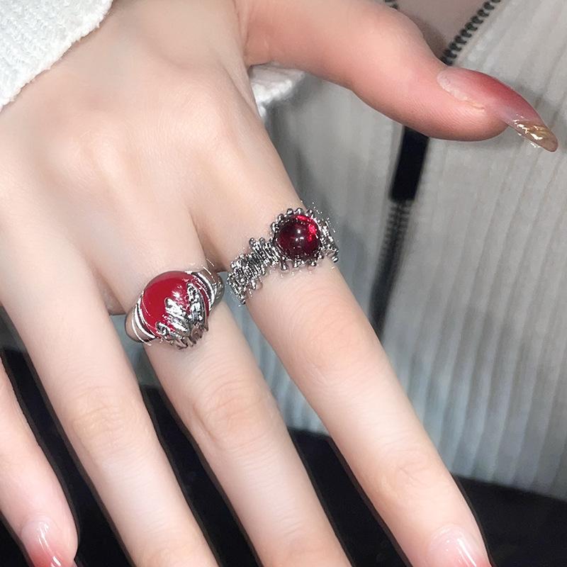 French Irregular Niche Design Personality High Sense Red Gem Open Ring Cold Wind Ring Female