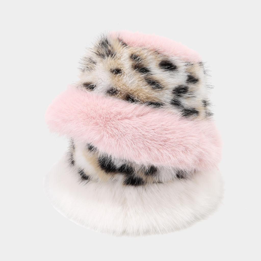 Polyester Furry Leopard Print Fisherman Hat With Wide Brim For Winter Fashion