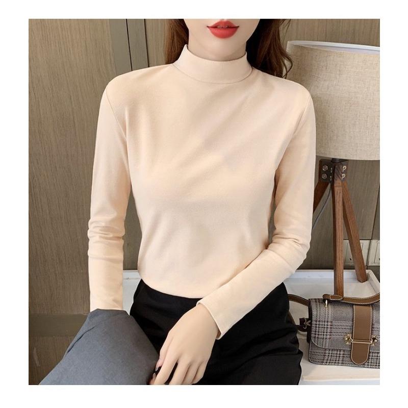 Women S Fitted Half High Neck Fleece Lined Long Sleeve T Shirt For Autumn Winter Warm Versatile