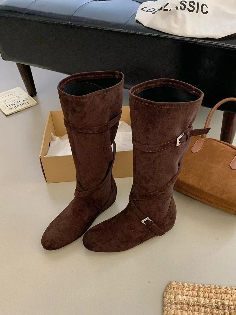 Small Inner Height Increase Belt Buckle Suede Western Cowboy Boots Women's Round Head Cover Boots Inner Height Increase But Knee Boots