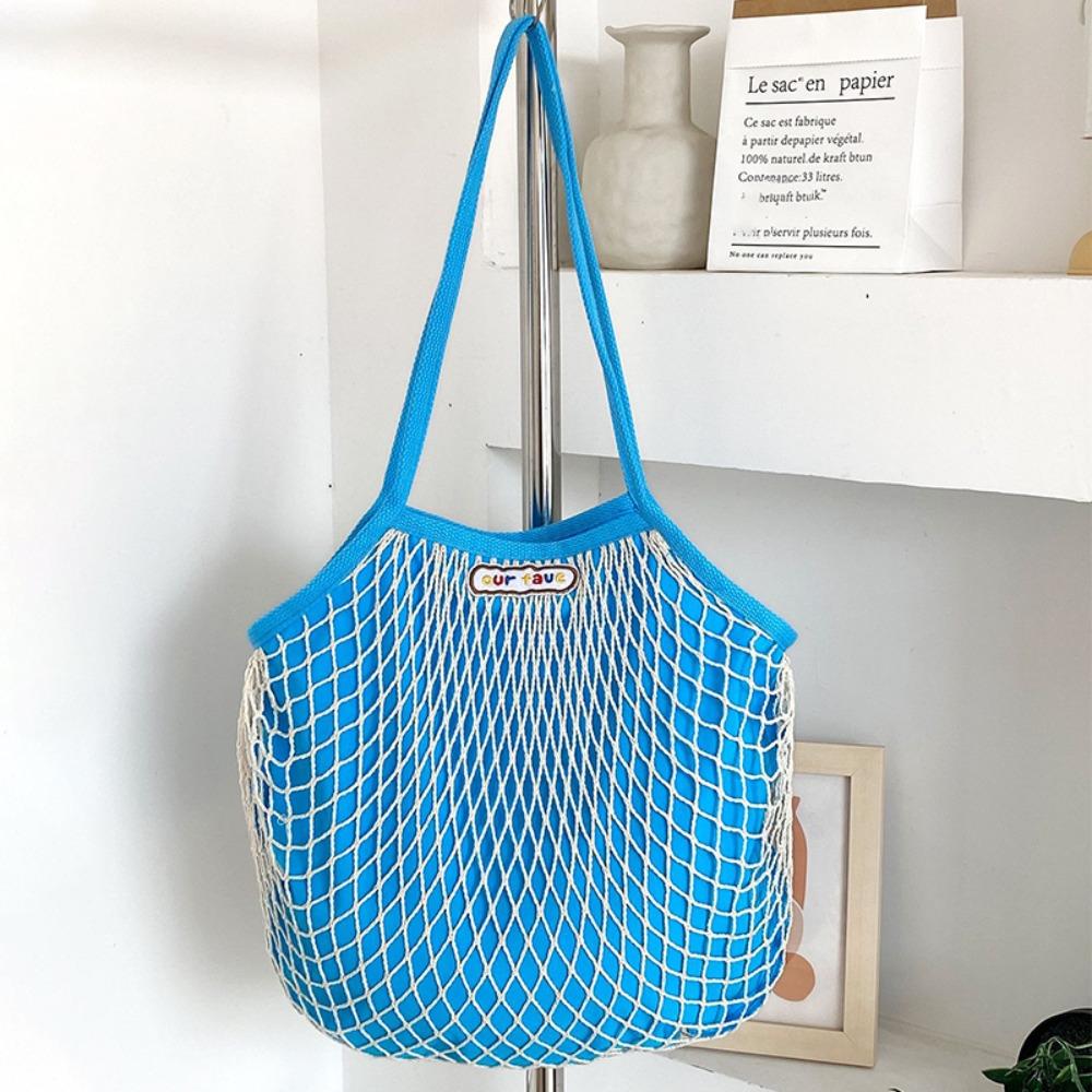 Large Capacity Hollow Out Weave Bag Summer Beach Handbag Trendy Woven Shoulder Bag Summer синий
