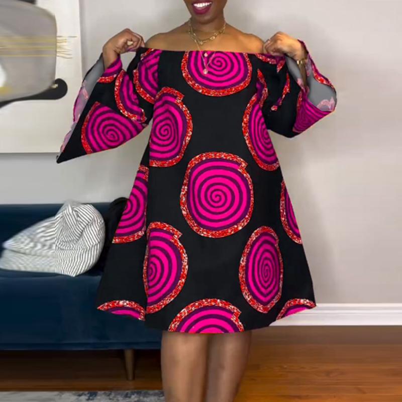 

Женское повседневное платье большого размера с открытыми плечами и длинными рукавами с принтом 4XL темно-розовый