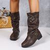 Women's Wide Width Stacked Boots, Slip-On Wrinkled Mid-Calf Booties, European Trendy Boots Wholesale
