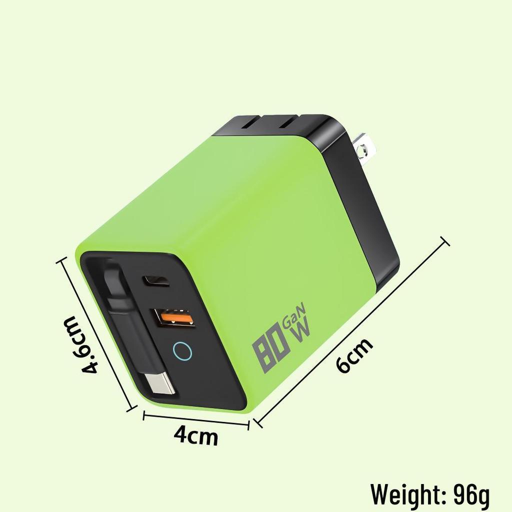 Dual Port Foldable GaN Charger with Retractable Cable for Fast Charging Apple, Huawei, Xiaomi Devices