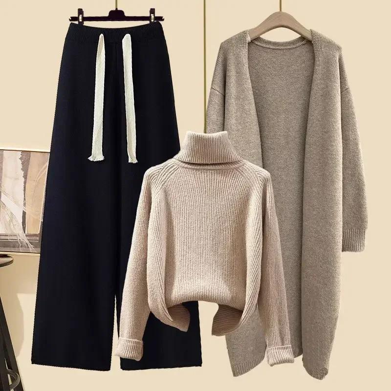 Autumn Winter Warm Knitwear Sets for Women Outfits Ladies Elegant Turtleneck Sweater+long Cardigan Jacket+wide Leg Pant Set