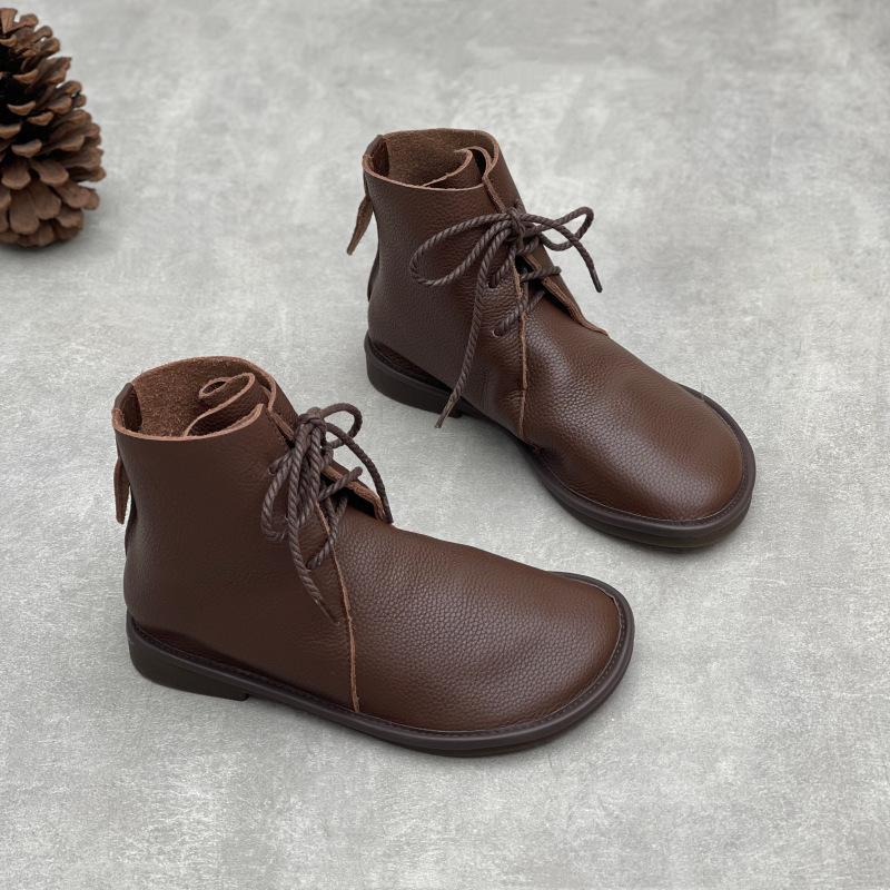 Johnature Retro Genuine Leather Short Boots Casual Round Toe Versatile Solid Color Women's Soft Cowhide Soft Sole Shoes
