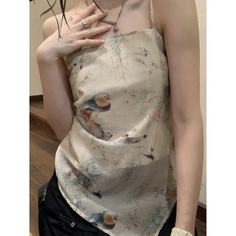 

Women s Chinese Style Floral Bird Print Camisole Sleeveless Irregular Hem Backless Slim Fit Summer Top S абрикосовий