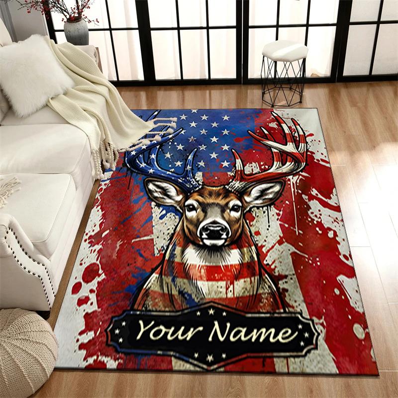 1PC Custom Name American Deer Flag Theme Floor Mat Ideal for Living Room, Game Rooms, Office, Bedroom,Floor Mat Playful Design