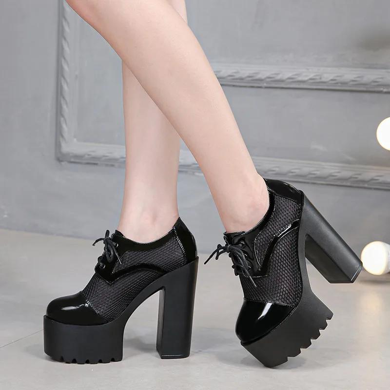 Fashion New Fashion Gladiator Women Shoes Square High Heels Sexy Black White Lace Up Party Ladies Round Toe Breathable Mesh Pumps