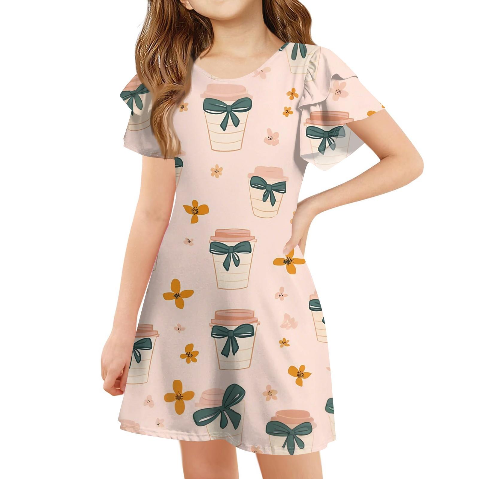 

Children s Ruffled Sleeve Dress, Girls Summer Round-neck A-line Cute Printed Casual Dress 160 бежевый