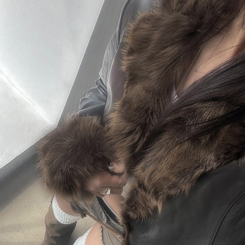 Podzimní a zimní dámský kožešinový límec Street Spice Style Volná kožená bunda Cardigan
