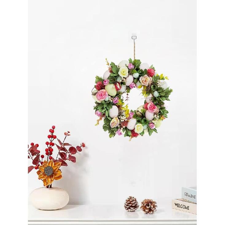 DearSun 11.2" Spring Wreath Easter Wreath with Flowers, Eggs, Green Leaves and Twine, Hanging on Home Indoor Outdoor Front Door Wall