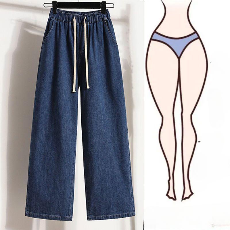 Nye Pluss Størrelse Jeans Sommer Dame Basic Elastiske Bukser med Vide Ben Løse Casual Dame Blå Bukser Bukser