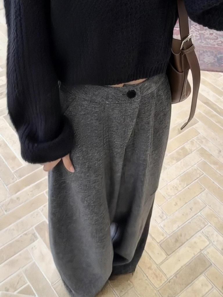 2025 Women's High Waist Grey Woolen Wide Leg Pants - Winter Plus Velvet, Loose Fit, Pear Shaped Body Slimming