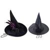 Halloween Party Velvet Witch Hats Party Wide Brim Pointed Hat Accessory Black Witch Hat with Chain Conjurer