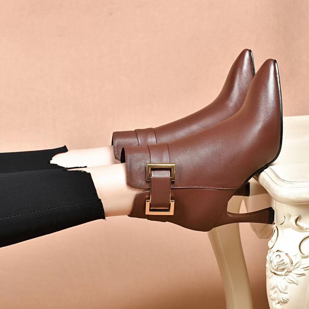 Pointed Stiletto Fashion Boots Women's Personalized Belt Buckle High Heel Boots Top Layer Cowhide Short Boots