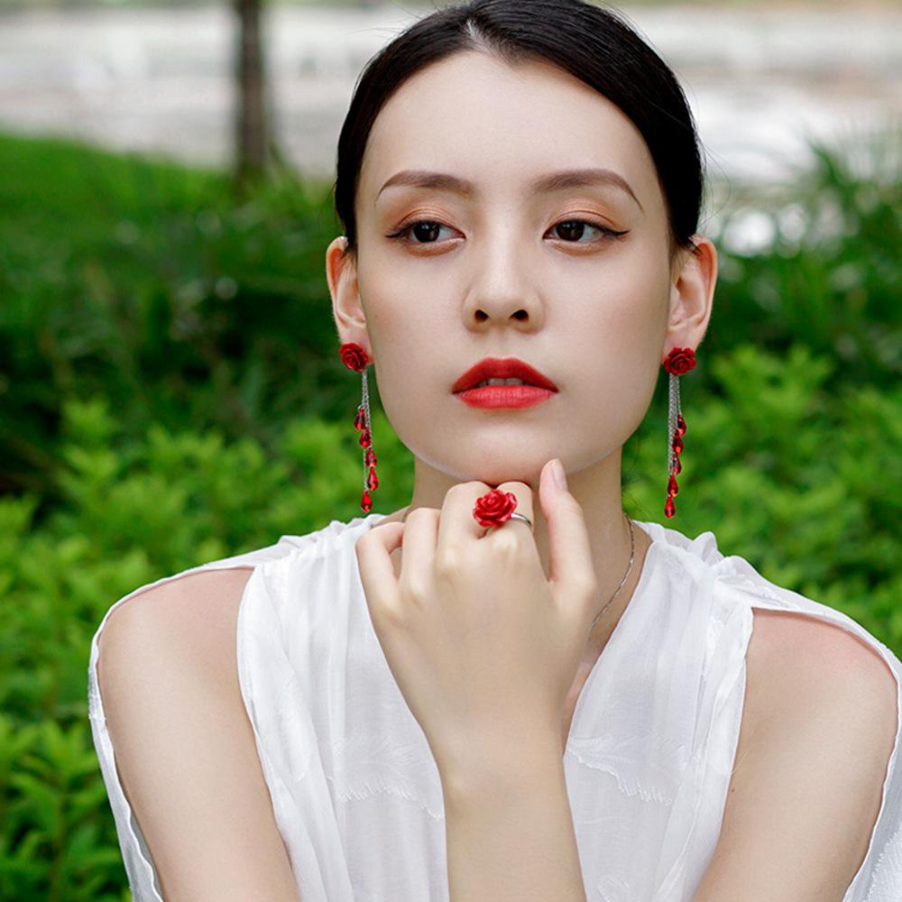 February Rose Silver Needle Red Flower Stud & Dangle Earrings – Elegant Women’s Jewelry