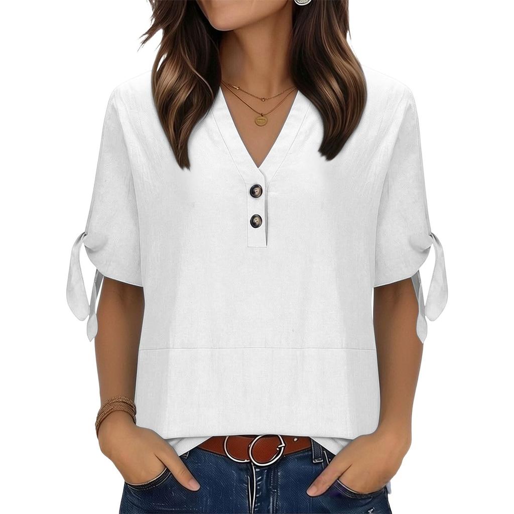 Womens V Neck Short Sleeve Blouse with Button and Tie Sleeve Casual Loose Fit Top for Daily Wear Office School