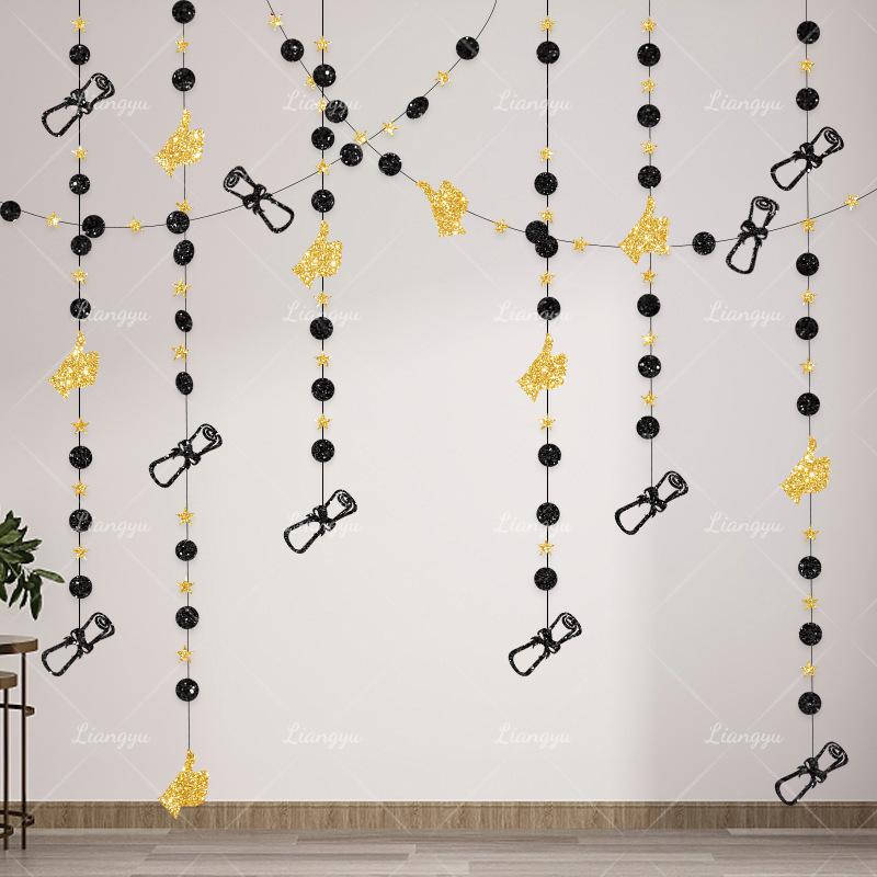 Glitter Paper Black Gold Graduation Garlands Streamer Graduation Party Hanging Ornaments Home Decoration