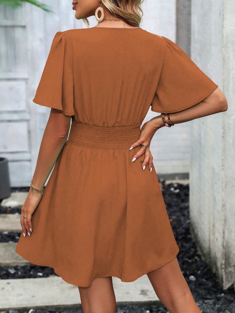 Summer Deep V-Neck Ruffle Sleeve Ruched Dress